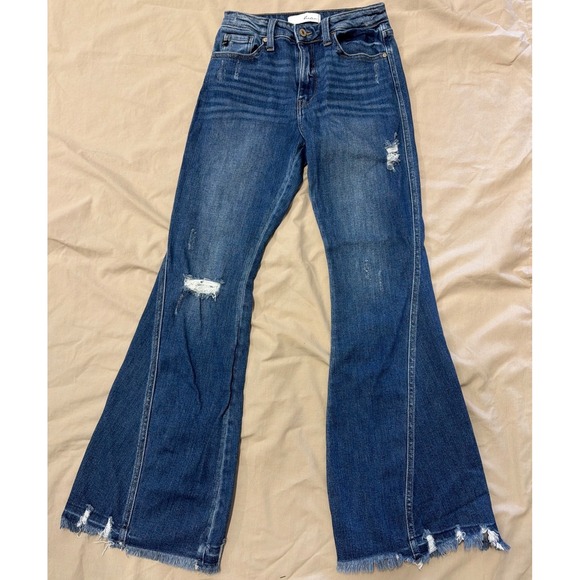 KanCan Denim - KanCan Flare Jeans Blue Distressed Raw Hem High Rise Western Festival Size 5/26